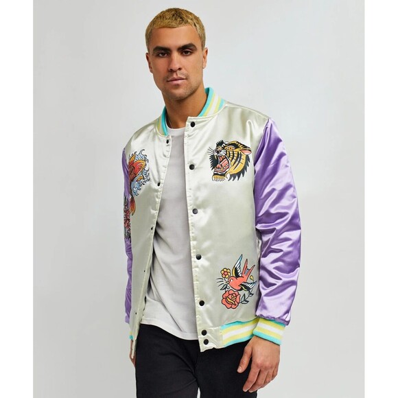 Reason Varsity Jacket Men’s Large Ivory Purple Fearless Tattoo Art Bomber - Picture 5 of 9